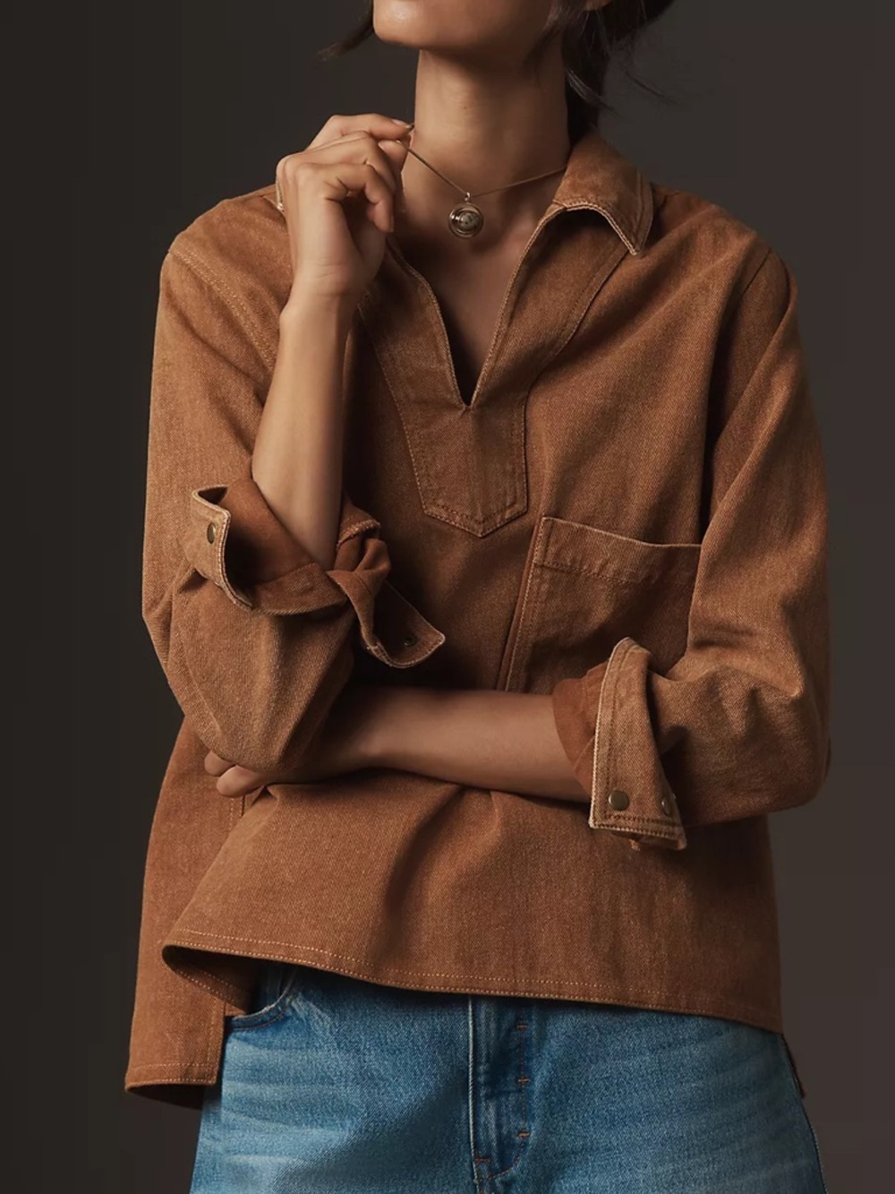 NWT Anthropologie Forever That Girl Long-Sleeve Collared Popover denim shirt XS